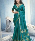 Teal blue linen silk blend saree with gold zari border & floral woven pallu