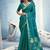 Teal blue linen silk blend saree with gold zari border & floral woven pallu
