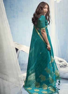 Teal blue linen silk blend saree with gold zari border & floral woven pallu 2