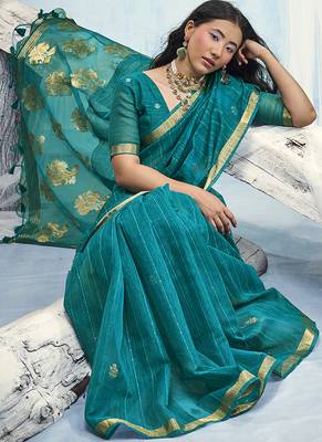 Teal blue linen silk blend saree with gold zari border & floral woven pallu 3