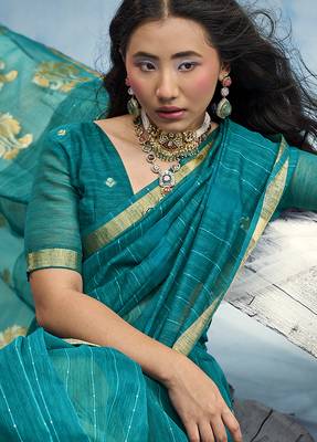 Teal blue linen silk blend saree with gold zari border & floral woven pallu 4