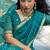 Teal blue linen silk blend saree with gold zari border & floral woven pallu