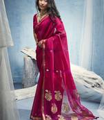 Rani pink linen silk blend saree with gold zari border & floral woven pallu