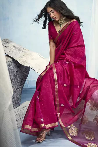 Rani pink linen silk blend saree with gold zari border & floral woven pallu