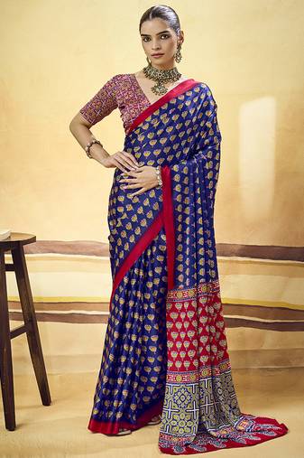 Navy blue satin printed saree with orange border and unstiched blouse