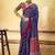 Navy blue satin printed saree with orange border and unstiched blouse