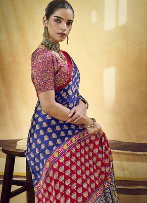 Navy blue satin printed saree with orange border and unstiched blouse 2