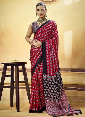 Red satin printed saree with orange border and unstiched blouse 1