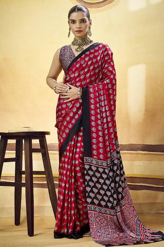 Red satin printed saree with orange border and unstiched blouse