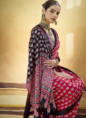 Red satin printed saree with orange border and unstiched blouse 2