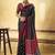 Black satin printed saree with orange border and unstiched blouse
