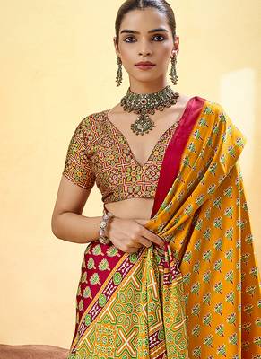 Mustard satin printed saree with orange border and unstiched blouse 2