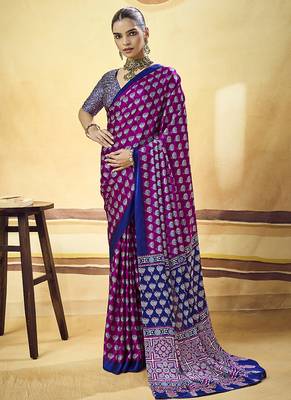 Magenta satin printed saree with orange border and unstiched blouse 1