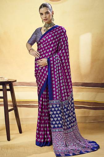 Magenta satin printed saree with orange border and unstiched blouse