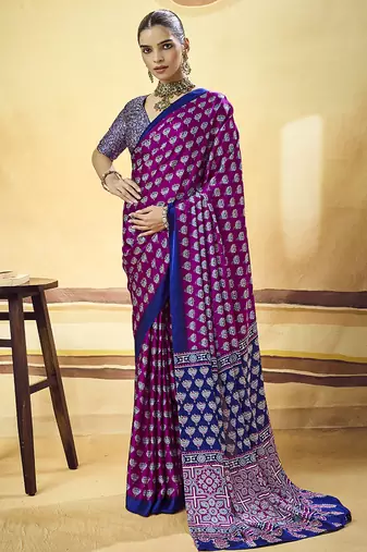 Magenta satin printed saree with orange border and unstiched blouse
