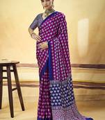 Magenta satin printed saree with orange border and unstiched blouse