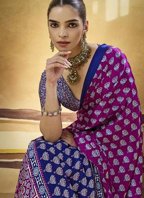 Magenta satin printed saree with orange border and unstiched blouse 2