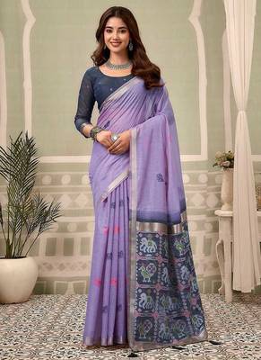 Lavender linen blend saree with woven elephant & geometric pallu 1