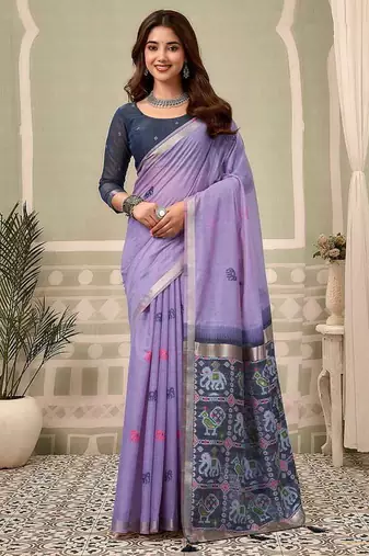 Lavender linen blend saree with woven elephant & geometric pallu