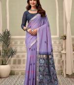 Lavender linen blend saree with woven elephant & geometric pallu