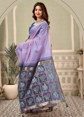 Lavender linen blend saree with woven elephant & geometric pallu 2