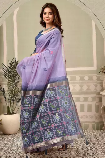 Lavender linen blend saree with woven elephant & geometric pallu