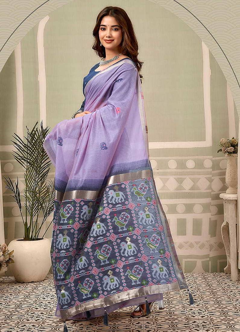 Lavender linen blend saree with woven elephant & geometric pallu