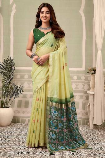 Light yellow linen blend saree with woven elephant & geometric pallu