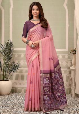 Baby pink linen blend saree with woven elephant & geometric pallu 1