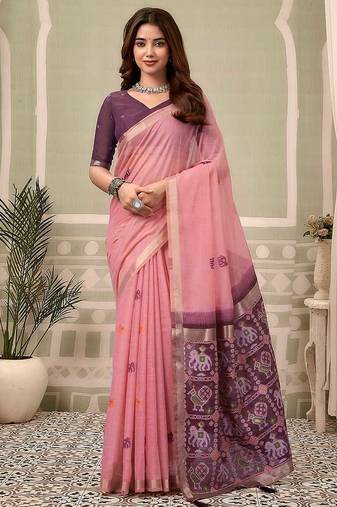Baby pink linen blend saree with woven elephant & geometric pallu