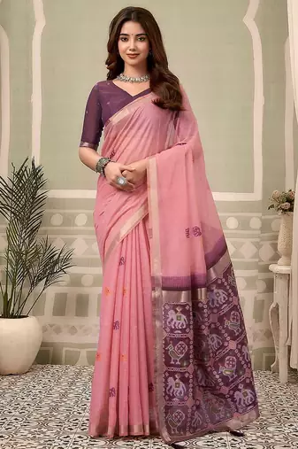Baby pink linen blend saree with woven elephant & geometric pallu