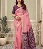 Baby pink linen blend saree with woven elephant & geometric pallu