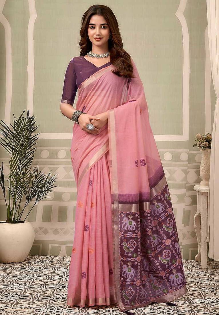 Baby pink linen blend saree with woven elephant & geometric pallu