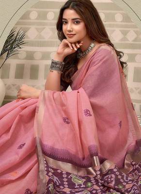 Baby pink linen blend saree with woven elephant & geometric pallu 2