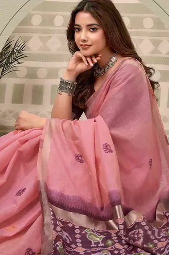 Baby pink linen blend saree with woven elephant & geometric pallu