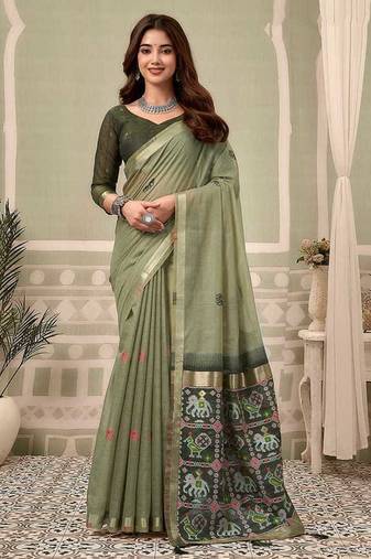 Sage green linen blend saree with woven elephant & geometric pallu