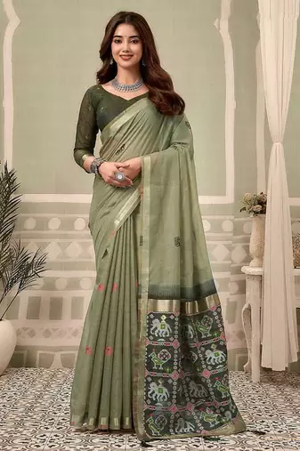 Sage green linen blend saree with woven elephant & geometric pallu