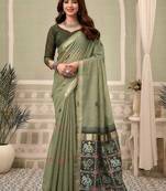 Sage green linen blend saree with woven elephant & geometric pallu