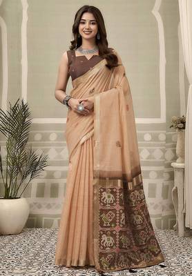 Peach linen blend saree with woven elephant & geometric pallu 1