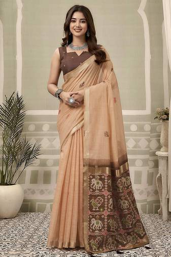 Peach linen blend saree with woven elephant & geometric pallu