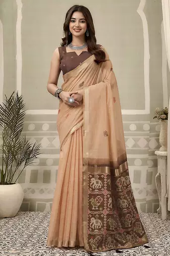 Peach linen blend saree with woven elephant & geometric pallu
