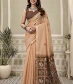 Peach linen blend saree with woven elephant & geometric pallu