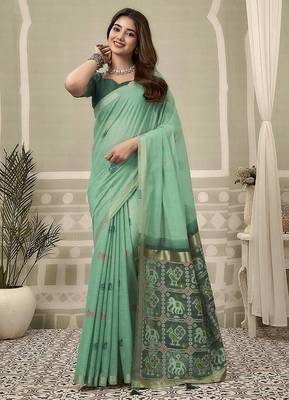Sea green linen blend saree with woven elephant & geometric pallu 1