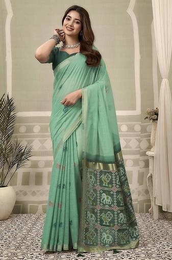 Sea green linen blend saree with woven elephant & geometric pallu