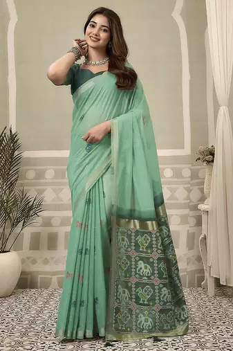 Sea green linen blend saree with woven elephant & geometric pallu