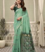 Sea green linen blend saree with woven elephant & geometric pallu