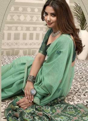 Sea green linen blend saree with woven elephant & geometric pallu 2