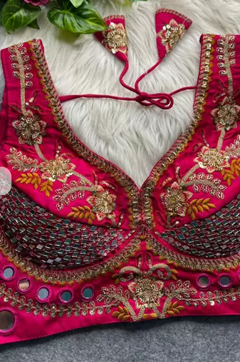 Rani pink designer italian silkblend beads & real mirror work blouse