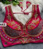 Rani pink designer italian silkblend beads & real mirror work blouse