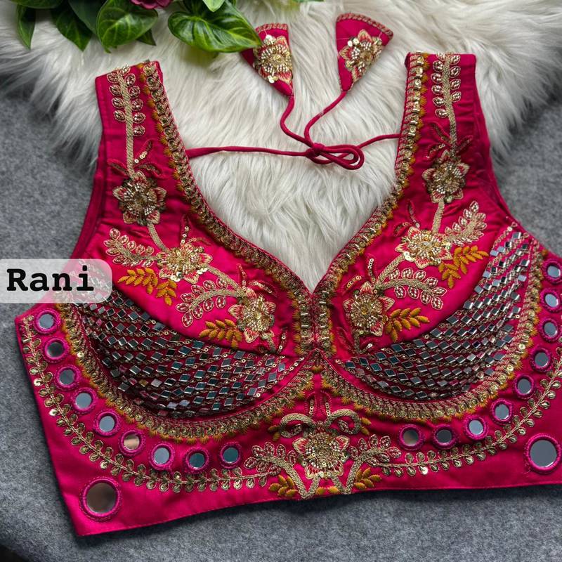 Rani pink designer italian silkblend beads & real mirror work blouse